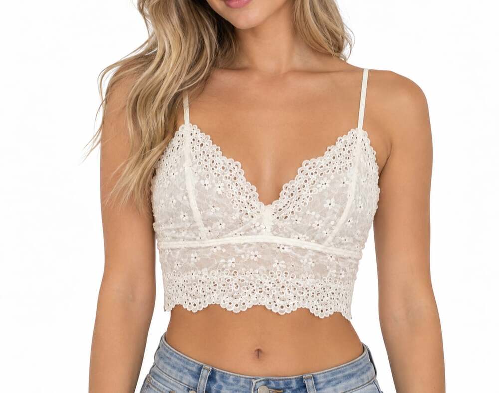 b. tempt'd White Floral Lace Eyelet Bralette Crop Top Spaghetti Strap Cami